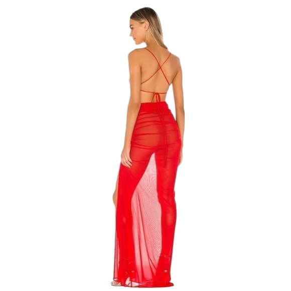 NEW Michael Costello Revolve Follie Gown Ruched Mesh Back Tie Sz XS Red - Picture 2 of 13